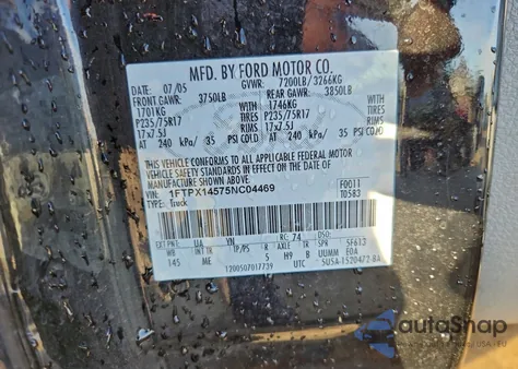 2005 Ford F150 z USA, uszkodzony, nr VIN 1FTPX14575NC04469